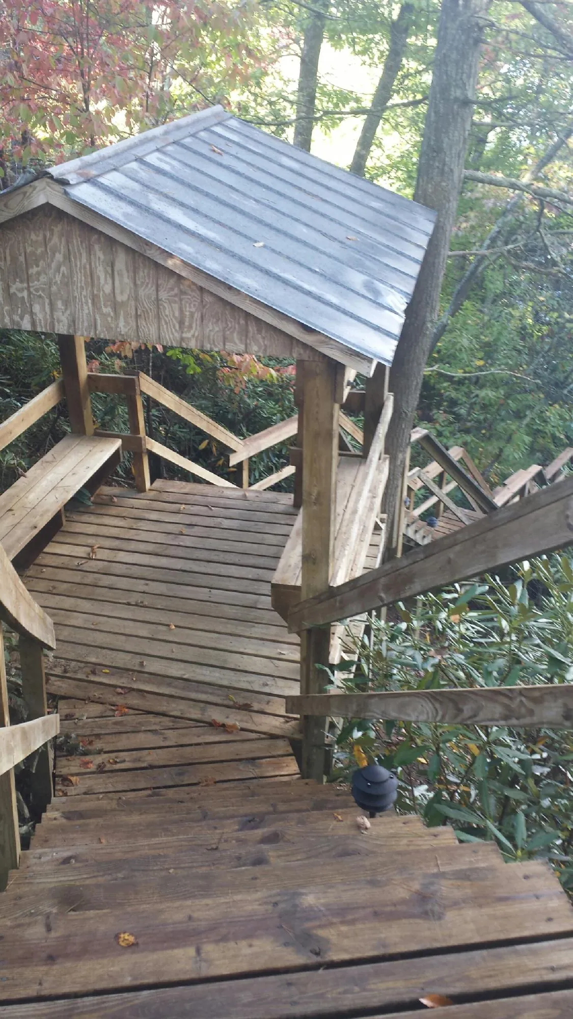 Metal roofed shelter over wooden steps on a wooded walkway — Skylight Repair & Installation work by our crew in East Flat Rock